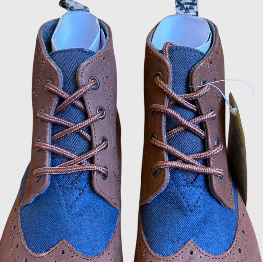 Tom’s Men's Hombres Brogue Leather Chestnut Brown Blue Preppy Boots